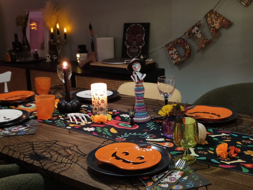 Mexicaanse Catrina en schedelbeeld als tafeldecoratie met marigoldbloemen