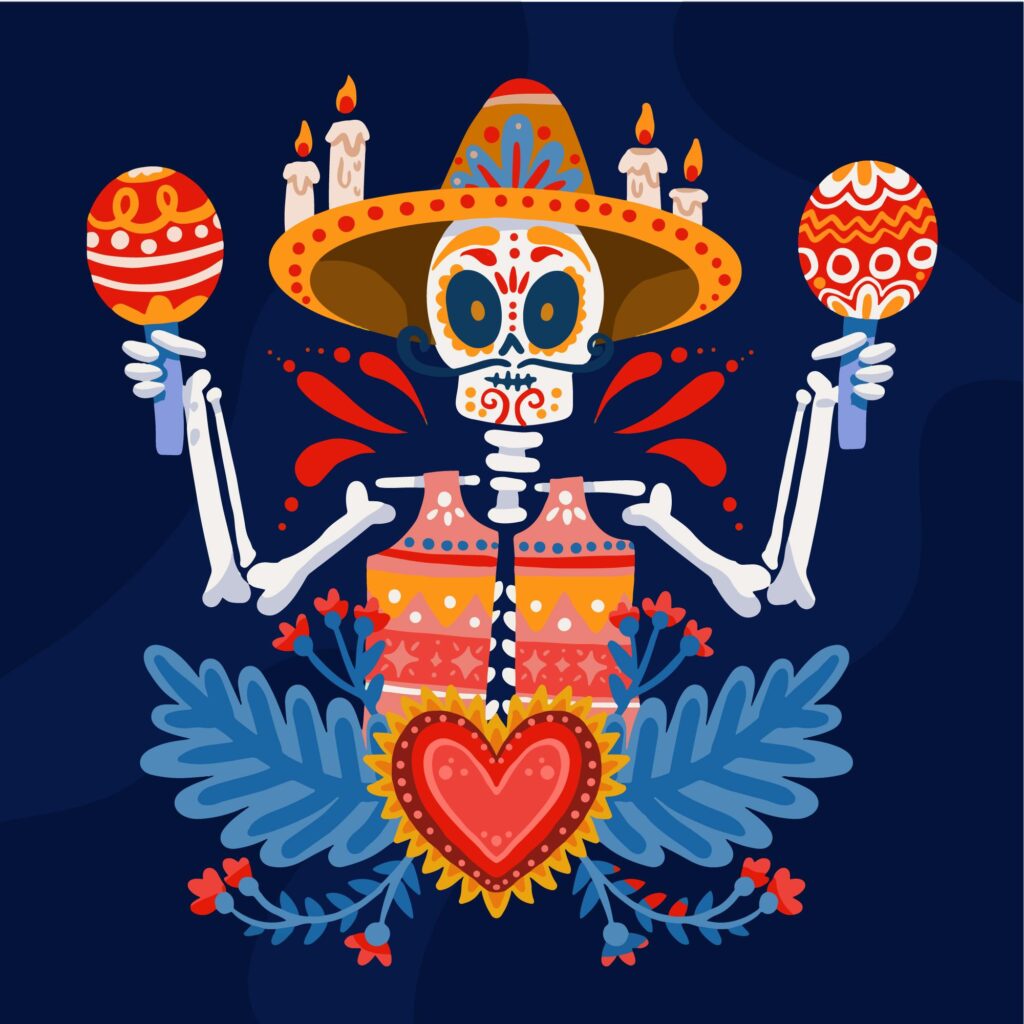 Illustratie van Mexicaanse muziek voor een Día de los Muertos playlist