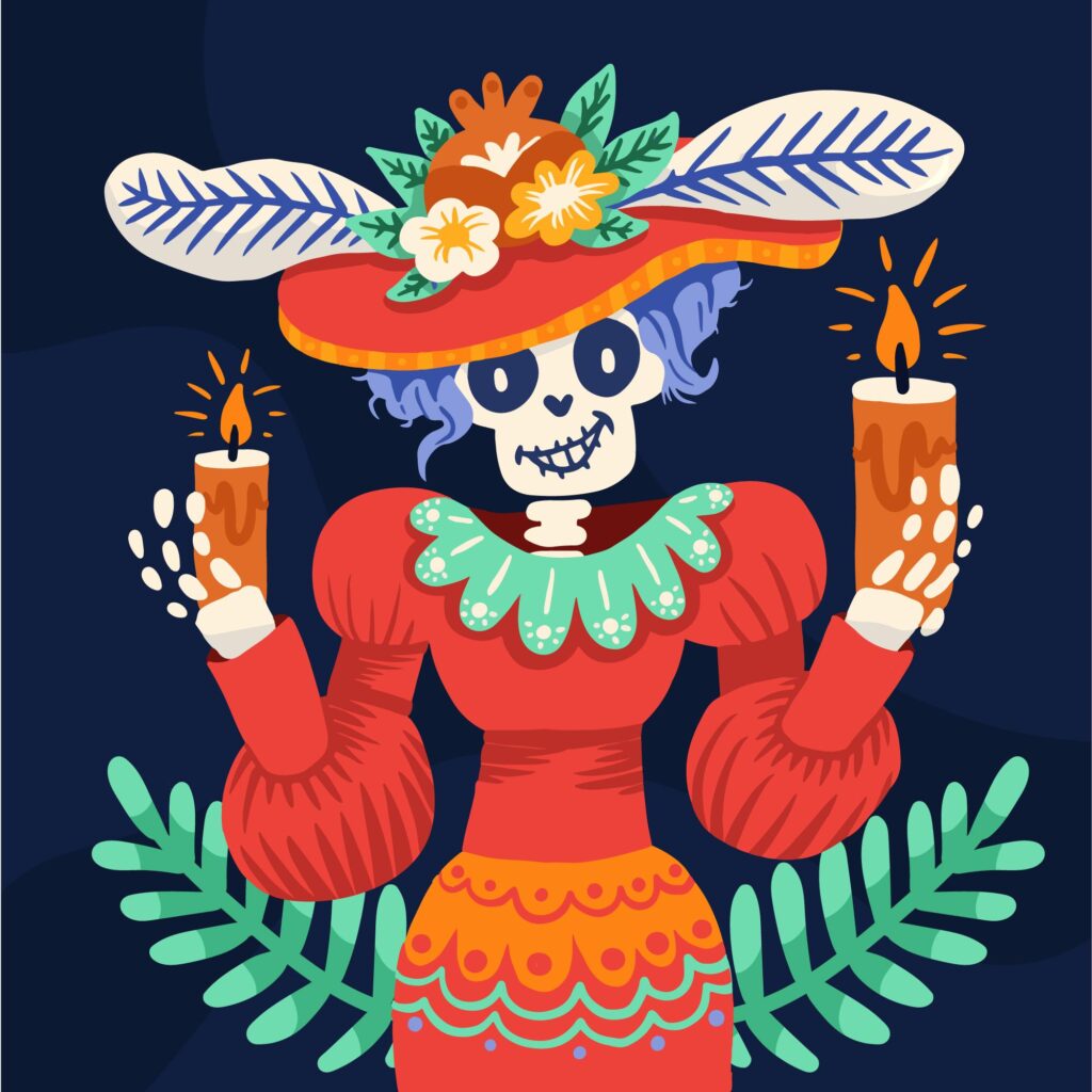 Illustratie in Día de los Muertos stijl bij de feestplaylist