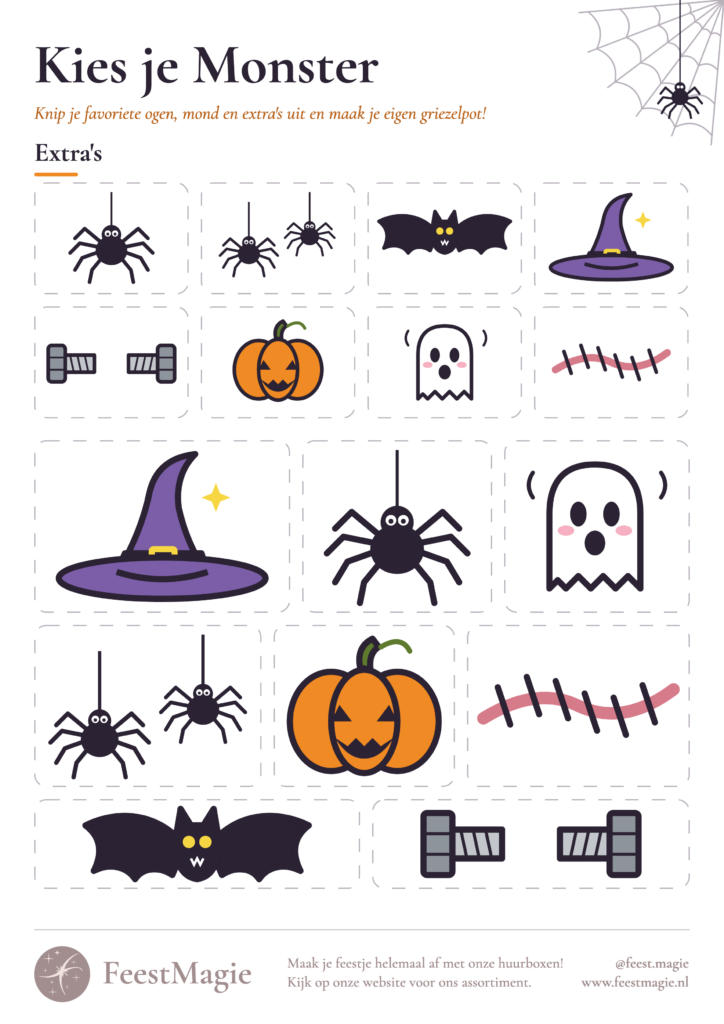Halloween printable Kies je Monster: vel met spinnen, vleermuis, heksenhoed, pompoen en spookje om uit te knippen