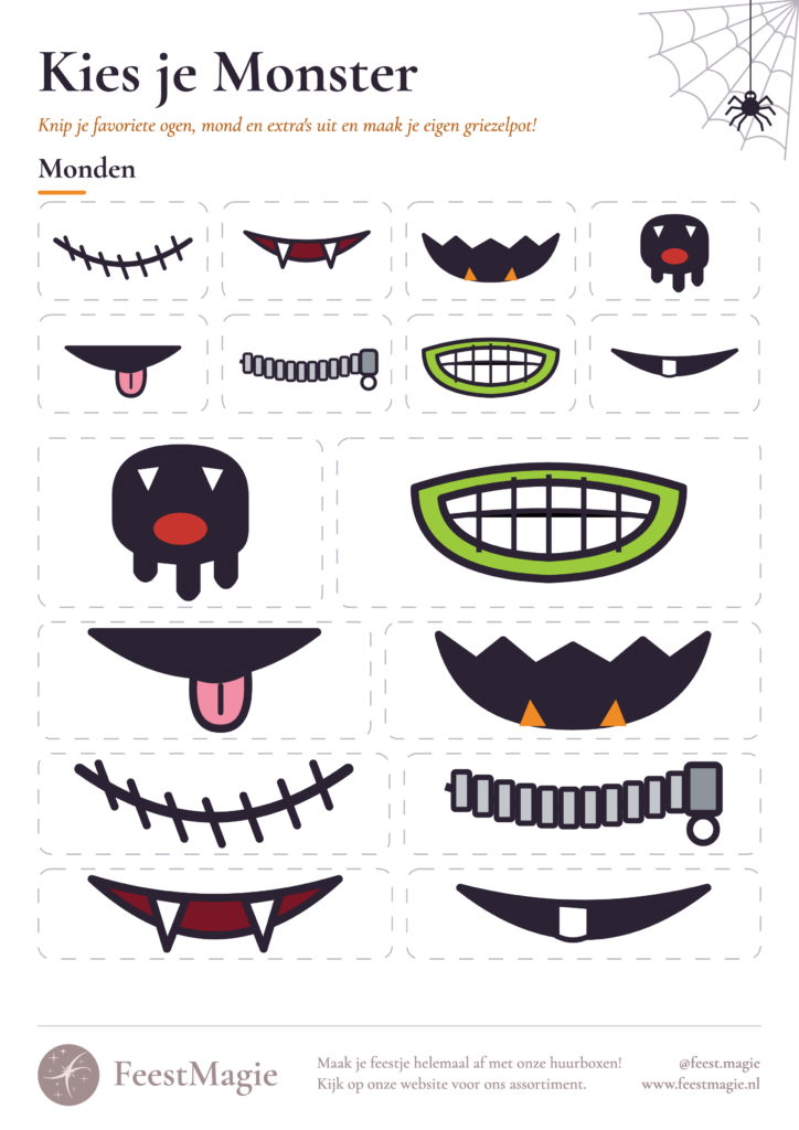 Halloween printable Kies je Monster: vel met monstermonden om uit te knippen, in twee maten