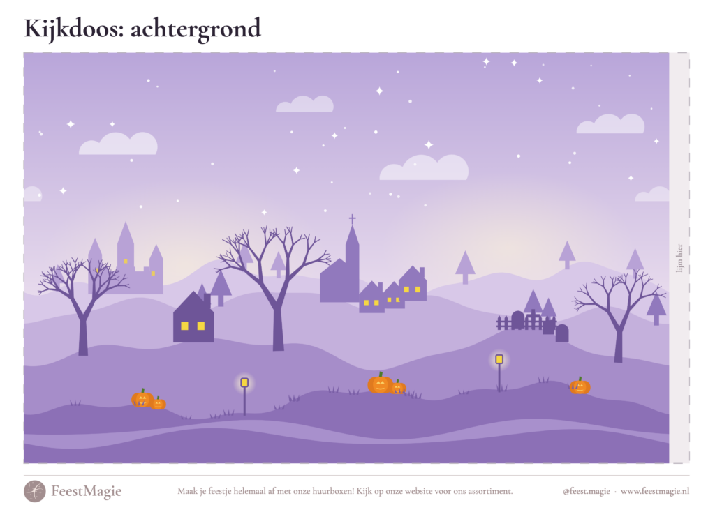 Halloween kijkdoos printable: achtergrond met nachtelijk landschap, kasteel, dorpje en pompoenen