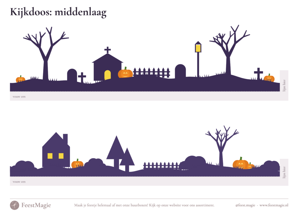 Halloween kijkdoos printable: twee silhouetstroken met kerkhof en huisje