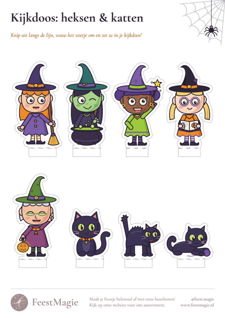 Halloween kijkdoos printable: vel met heksen en zwarte katten om uit te knippen, met voetjes om te laten staan