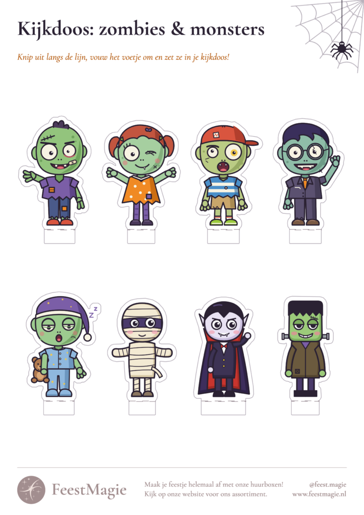 Halloween kijkdoos printable: vel met zombies, mummie, vampier en Frankenstein om uit te knippen
