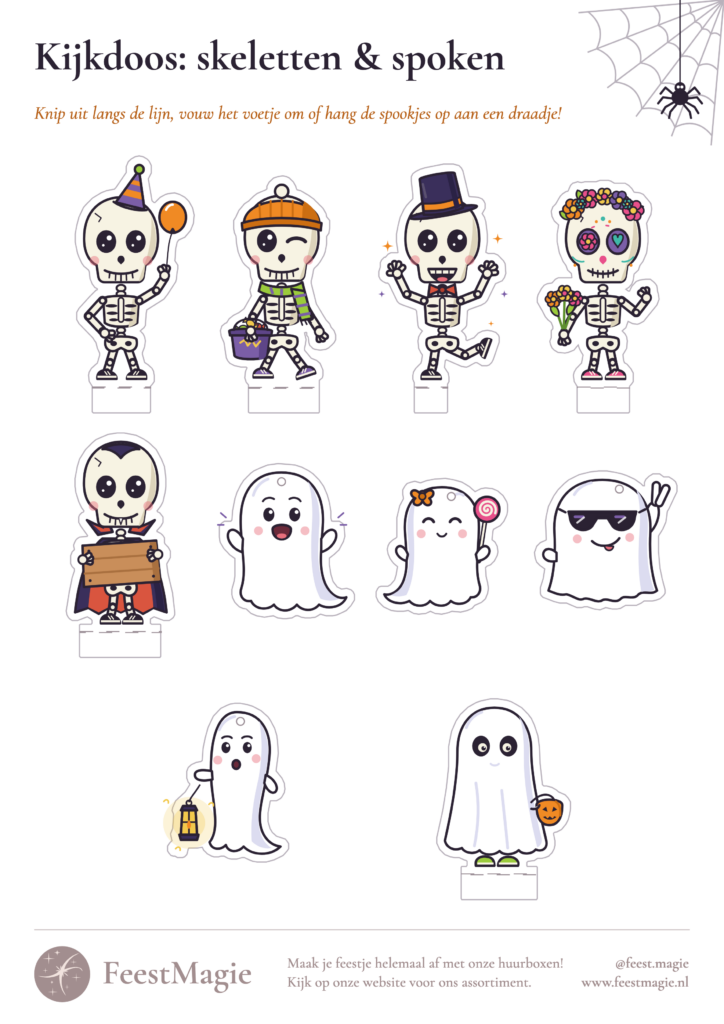 Halloween kijkdoos printable: vel met vrolijke skeletten en spookjes om uit te knippen