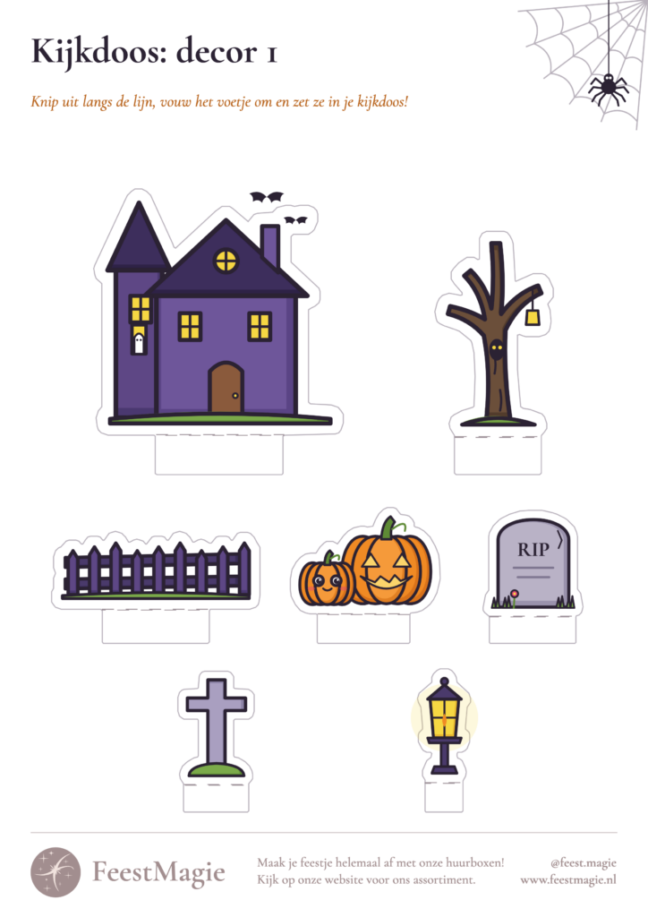 Halloween kijkdoos printable: spookhuis, kale boom, hekje, pompoenen, grafstenen en lantaarn om uit te knippen