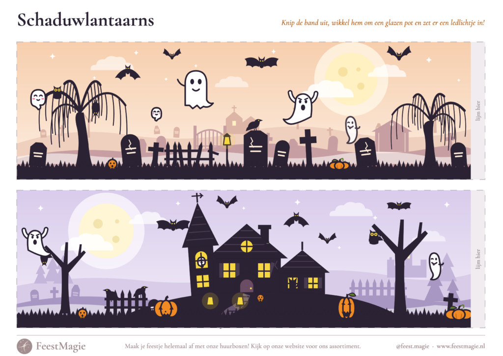 Halloween printable Schaduwlantaarns: twee banden met een spookachtig kerkhof en een spookhuis om rond een glazen pot te wikkelen